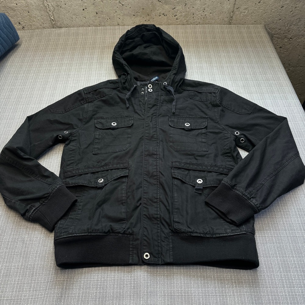 H&M Black Utility Hooded Jacket Mens XL Military Cargo Streetwear Field *